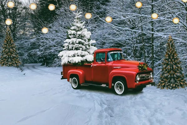 Ievgeniia Bidiuk: Red Trucks In The Christmas Woods by Ievgeniia Bidiuk