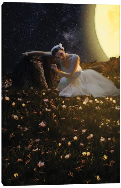 Ballerina In The Flower Meadow Under The Big Moon Canvas Art Print - Nature Renewal