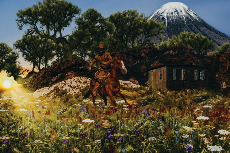 A Cowboy On Horseback At His Home In The Mountains