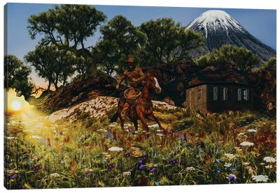 A Cowboy On Horseback At His Home In The Mountains Canvas Art Print - Horseback Art