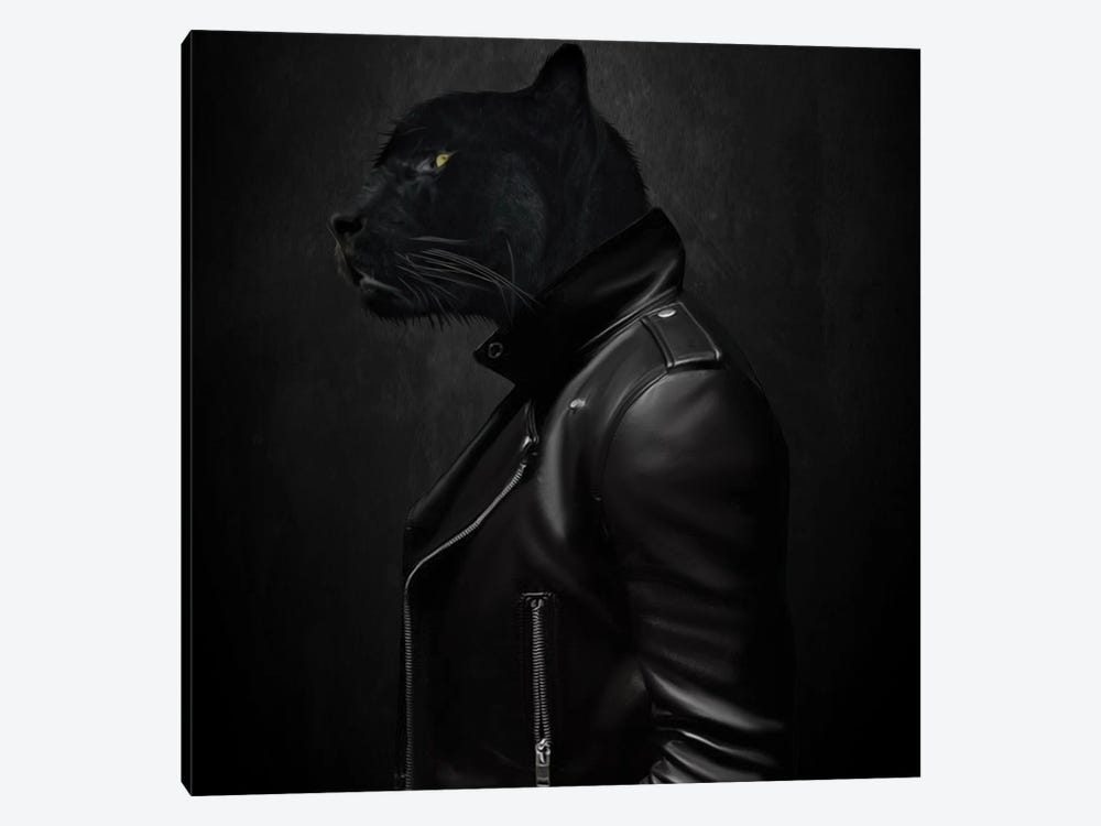 Portrait Of A Black Cat In A Biker Jacket by Ievgeniia Bidiuk 1-piece Art Print