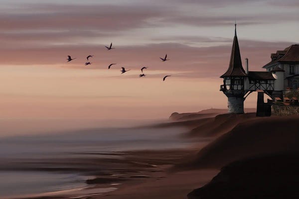 Ievgeniia Bidiuk: A Flock Of Birds Flying Into An Old Castle by Ievgeniia Bidiuk