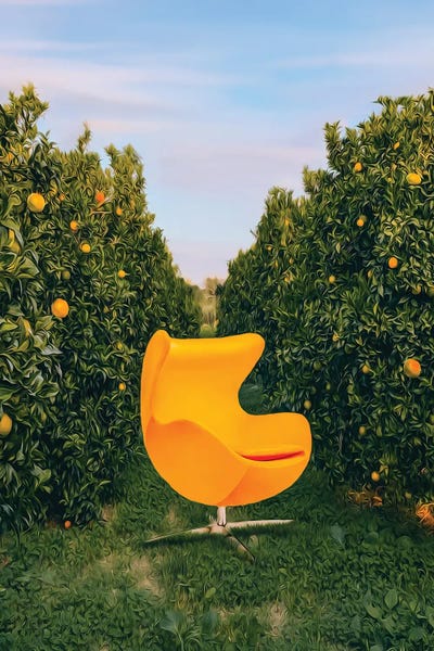 Ievgeniia Bidiuk: An Orange Chair In An Orange Orchard by Ievgeniia Bidiuk