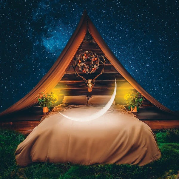 Ievgeniia Bidiuk: Moon On The Bed In The Bungalow by Ievgeniia Bidiuk