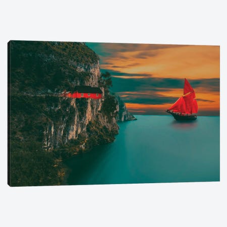 Sailboat With Red Sails And The Red House Canvas Print #IVG634} by Ievgeniia Bidiuk Canvas Wall Art