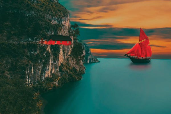 Ievgeniia Bidiuk: Sailboat With Red Sails And The Red House by Ievgeniia Bidiuk