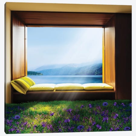 Panoramic Window With A Sun Lounger Overlooking The Sea Canvas Print #IVG635} by Ievgeniia Bidiuk Canvas Artwork
