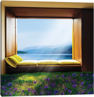 Panoramic Window With A Sun Lounger Overlooking The Sea Canvas Art Print - A Place for You