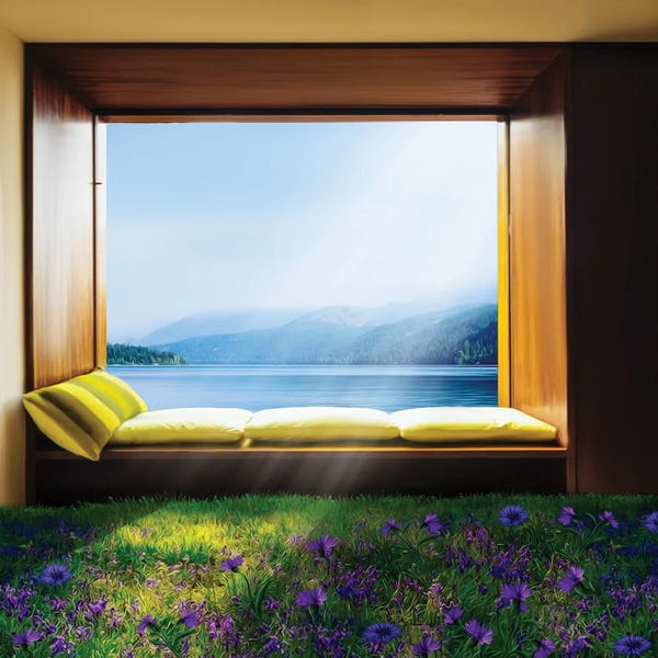 Ievgeniia Bidiuk: Panoramic Window With A Sun Lounger Overlooking The Sea by Ievgeniia Bidiuk
