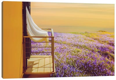 Open Balcony Overlooking The Flower Meadow Canvas Art Print - Lavender Art