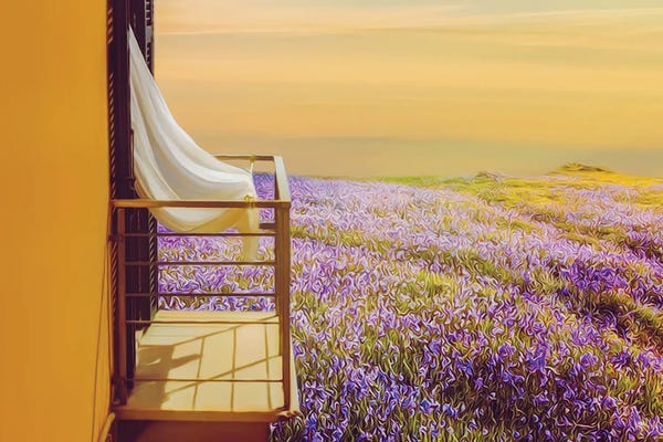 Ievgeniia Bidiuk: Open Balcony Overlooking The Flower Meadow by Ievgeniia Bidiuk