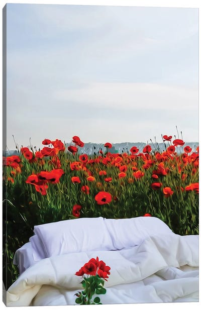 A Bed In A Poppy Field Canvas Art Print - Ievgeniia Bidiuk