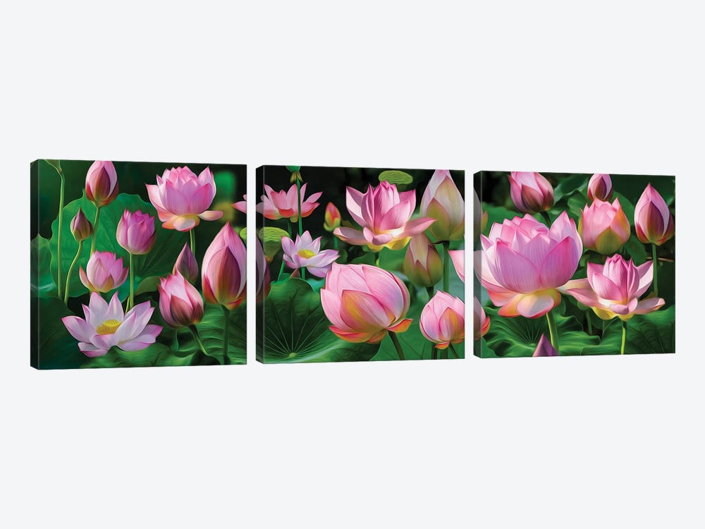 Horizontal Background Of Lotus Blossoms by Ievgeniia Bidiuk 3-piece Canvas Art