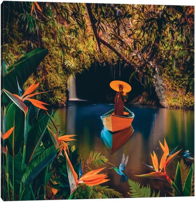 A Monk In A Boat On A Lake With Flowering Strelitzias Canvas Art Print - Bird of Paradise Art