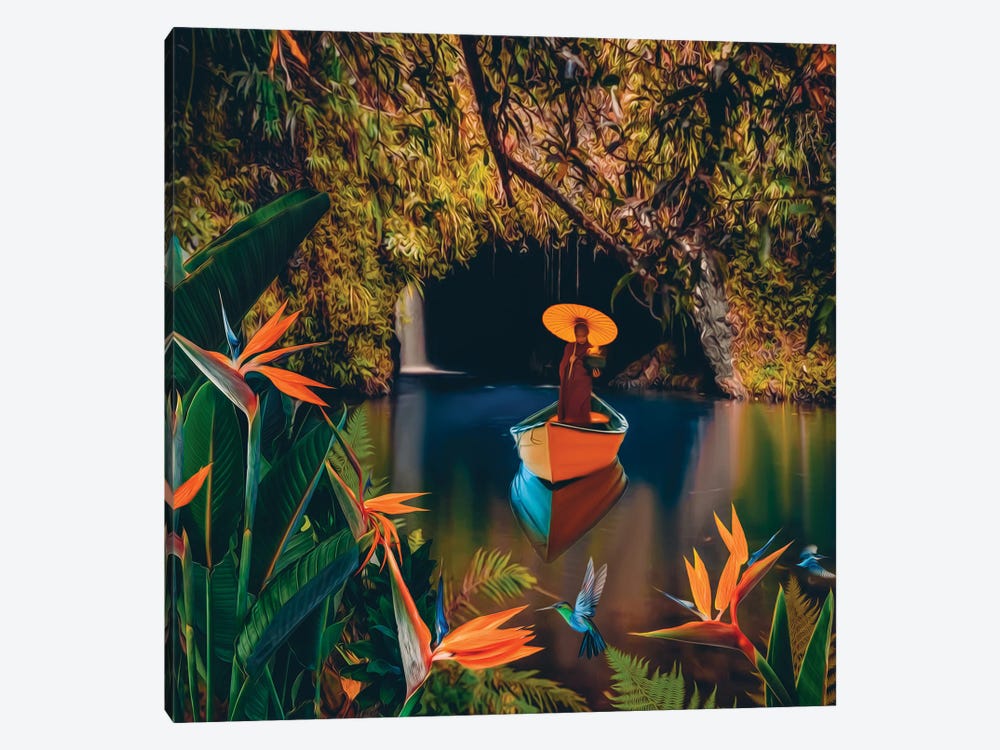 A Monk In A Boat On A Lake With Flowering Strelitzias by Ievgeniia Bidiuk 1-piece Canvas Art