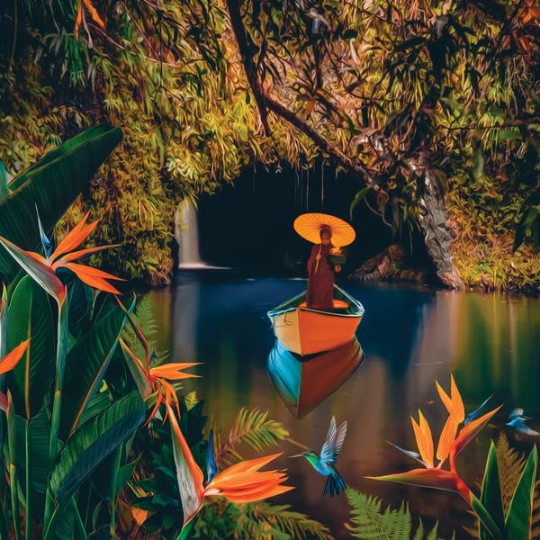 Ievgeniia Bidiuk: A Monk In A Boat On A Lake With Flowering Strelitzias by Ievgeniia Bidiuk
