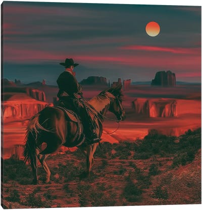 A Cowboy In The Background Of A Texas Sunset Canvas Art Print - Horseback Art