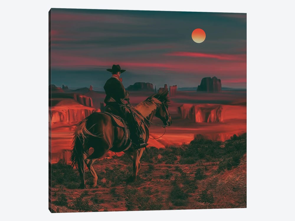 A Cowboy In The Background Of A Texas Sunset 1-piece Art Print