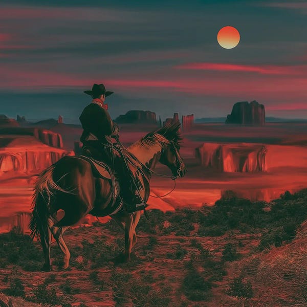 Horseback: A Cowboy In The Background Of A Texas Sunset by Ievgeniia Bidiuk