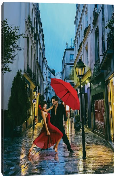 Tango In The Rain Canvas Art Print - Umbrella Art
