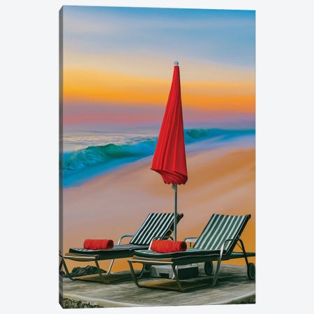 Beach Umbrella And Sun Loungers On The Sandy Beach Canvas Print #IVG649} by Ievgeniia Bidiuk Canvas Artwork