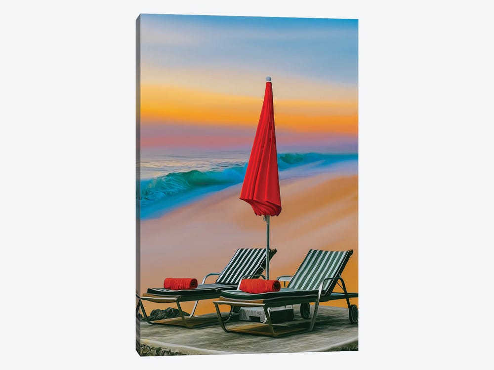 Beach Umbrella And Sun Loungers On The Sandy Beach by Ievgeniia Bidiuk 1-piece Canvas Print