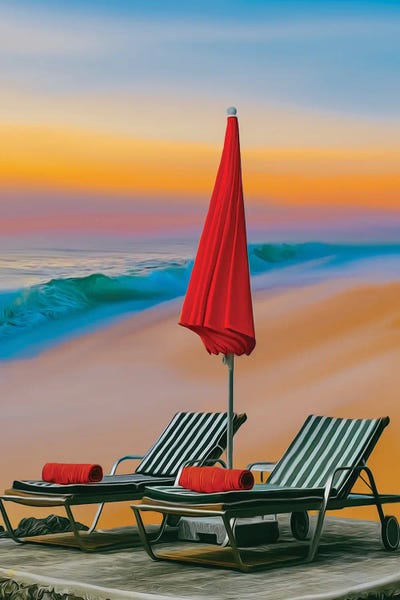 Ievgeniia Bidiuk: Beach Umbrella And Sun Loungers On The Sandy Beach by Ievgeniia Bidiuk