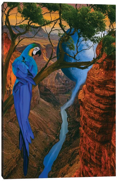 A Blue-And-Yellow Ara In A Tree Above A Ravine Canvas Art Print - Ievgeniia Bidiuk