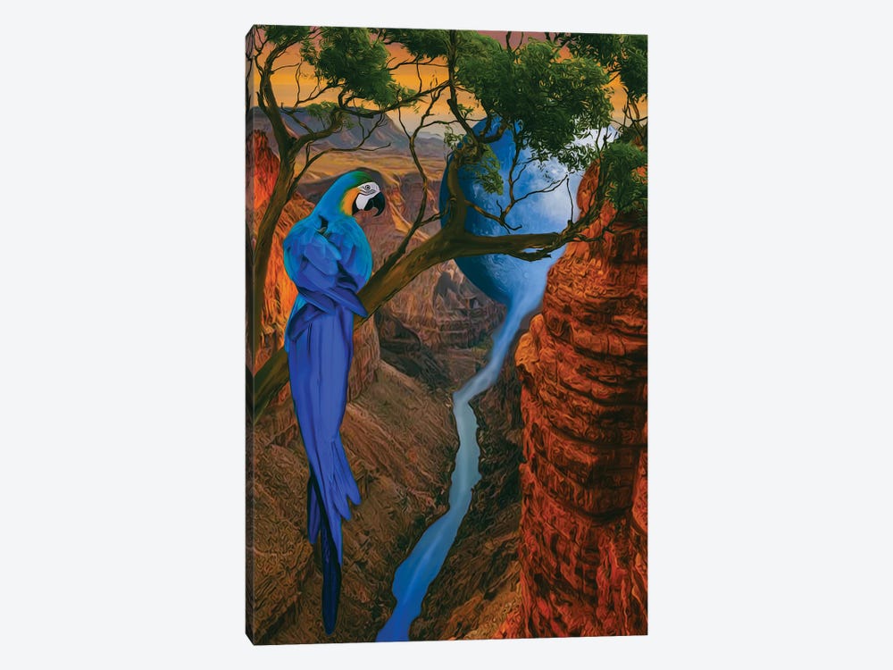 A Blue-And-Yellow Ara In A Tree Above A Ravine by Ievgeniia Bidiuk 1-piece Canvas Art