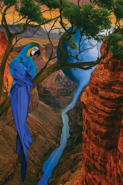 Ievgeniia Bidiuk: A Blue-And-Yellow Ara In A Tree Above A Ravine by Ievgeniia Bidiuk