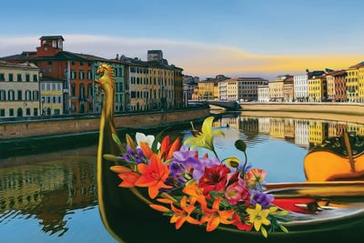 A Gondola With Flowers On The Background Of The Old City by Ievgeniia Bidiuk framed wall art