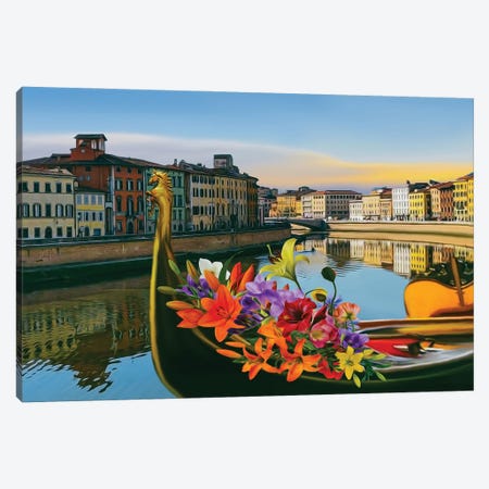 A Gondola With Flowers On The Background Of The Old City Canvas Print #IVG655} by Ievgeniia Bidiuk Canvas Wall Art