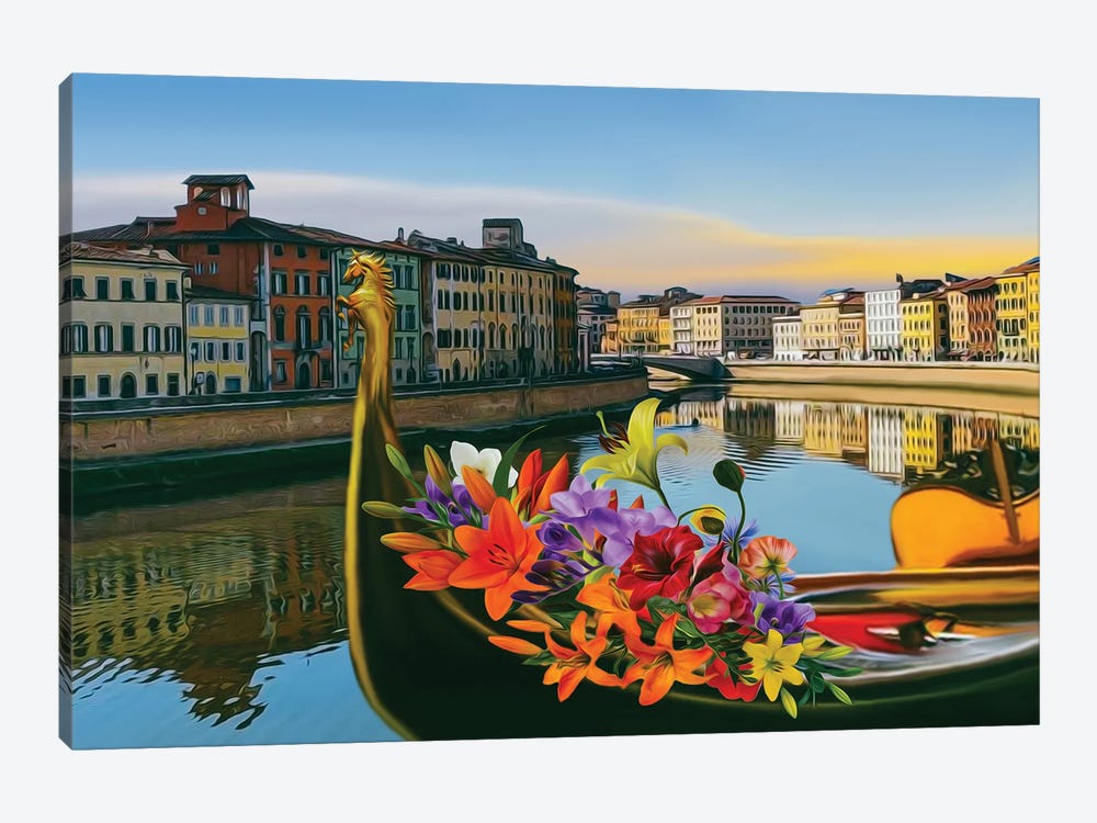 A Gondola With Flowers On The Background Of The Old City by Ievgeniia Bidiuk 1-piece Canvas Wall Art