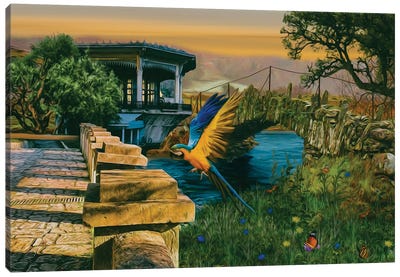 Flying Parrot Over The Old Bridge Canvas Art Print - Parrot Art