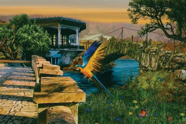Ievgeniia Bidiuk: Flying Parrot Over The Old Bridge by Ievgeniia Bidiuk
