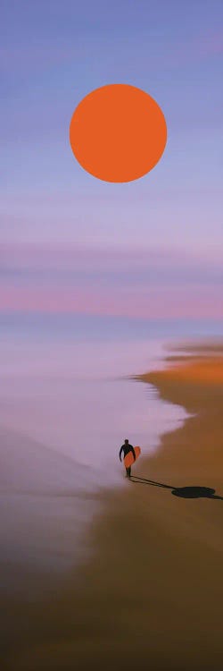 Surfer And Orange Sun by Ievgeniia Bidiuk wall art