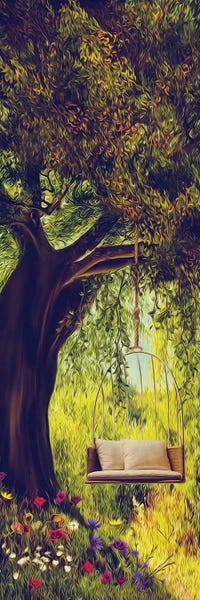 Ievgeniia Bidiuk: Swing With Pillows On A Big Tree by Ievgeniia Bidiuk