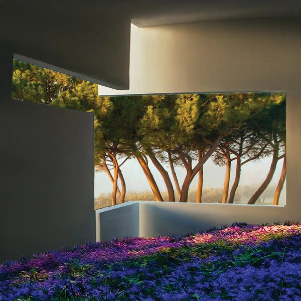 Ievgeniia Bidiuk: A Flower Meadow In A House With An Open Balcony by Ievgeniia Bidiuk