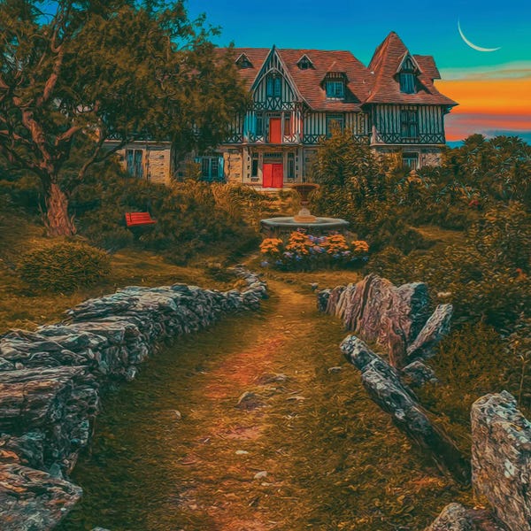 Ievgeniia Bidiuk: A Warm Sunset Over An Old Mansion by Ievgeniia Bidiuk