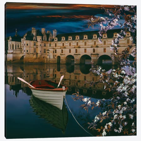 Boat, Cherry Blossom In The Background Of The Castle Canvas Print #IVG662} by Ievgeniia Bidiuk Canvas Art