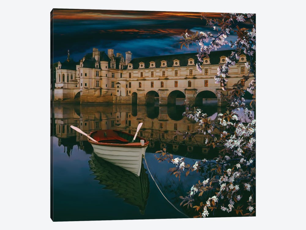 Boat, Cherry Blossom In The Background Of The Castle by Ievgeniia Bidiuk 1-piece Canvas Wall Art