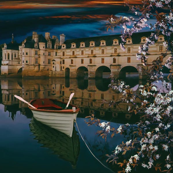 Rowboats: Boat, Cherry Blossom In The Background Of The Castle by Ievgeniia Bidiuk