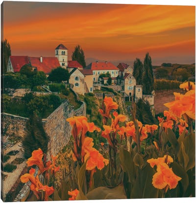 Orange Irises In The Background Of The Old City Canvas Art Print - Iris Art