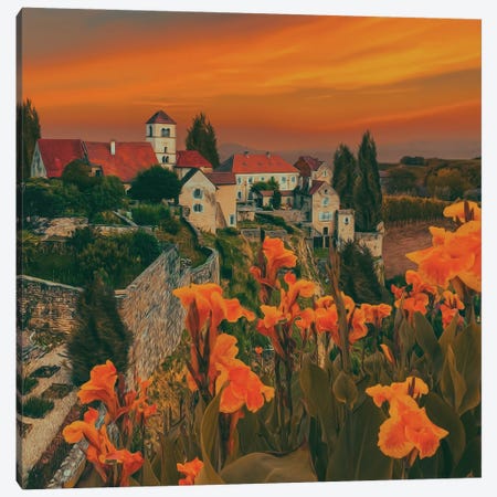Orange Irises In The Background Of The Old City Canvas Print #IVG663} by Ievgeniia Bidiuk Canvas Art