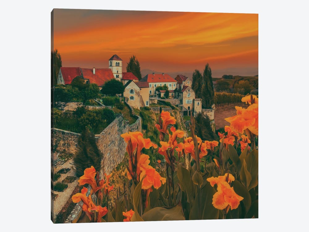 Orange Irises In The Background Of The Old City by Ievgeniia Bidiuk 1-piece Canvas Art Print