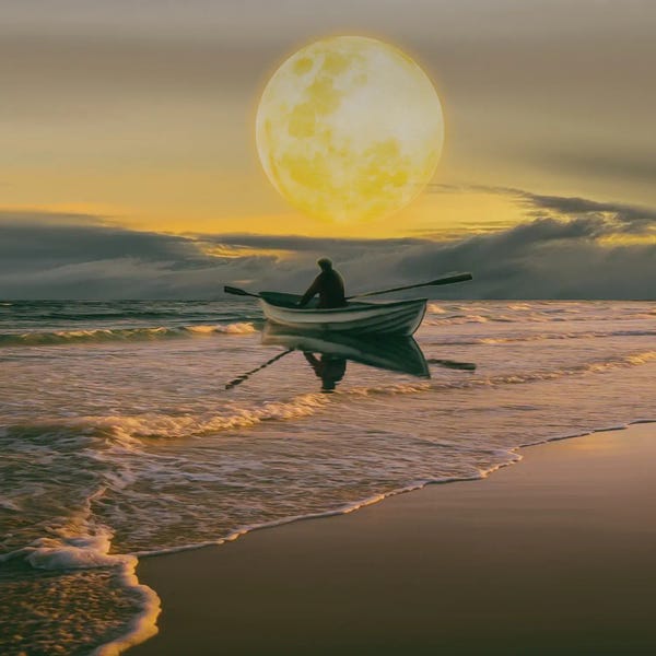 Ievgeniia Bidiuk: A Man In A Boat Against The Background Of The Receding Sun by Ievgeniia Bidiuk