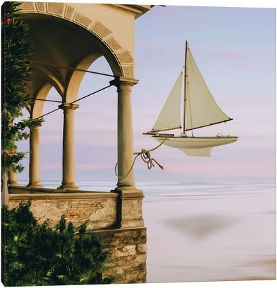 Flying Sailboat Moored At The Balcony Of The Old House Canvas Art Print