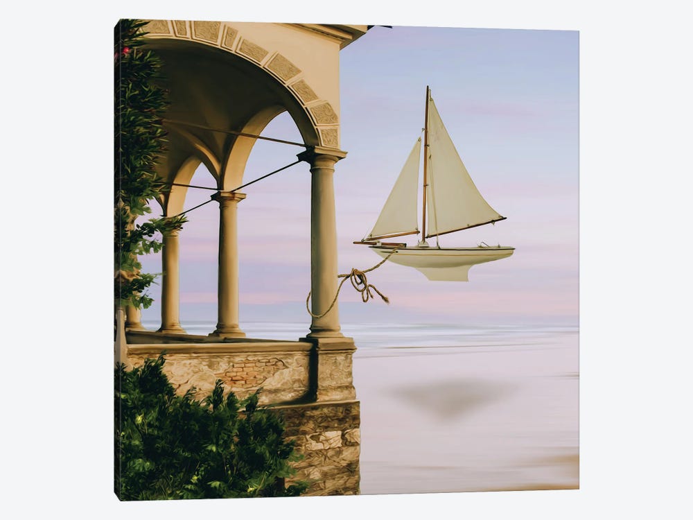 Flying Sailboat Moored At The Balcony Of The Old House by Ievgeniia Bidiuk 1-piece Canvas Print