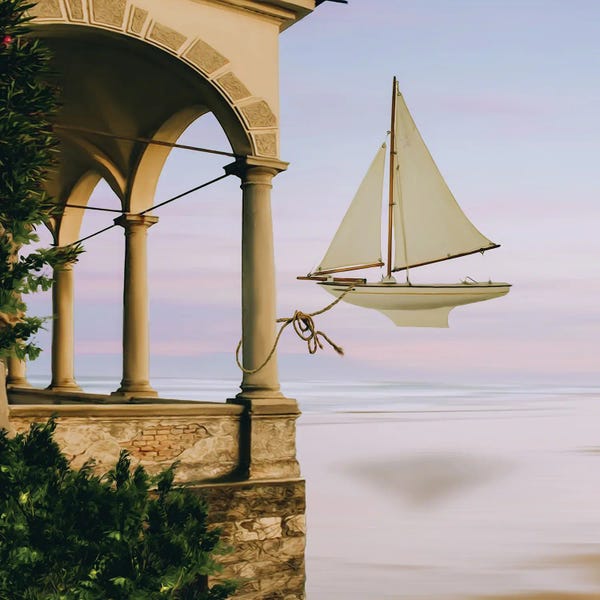 Ievgeniia Bidiuk: Flying Sailboat Moored At The Balcony Of The Old House by Ievgeniia Bidiuk