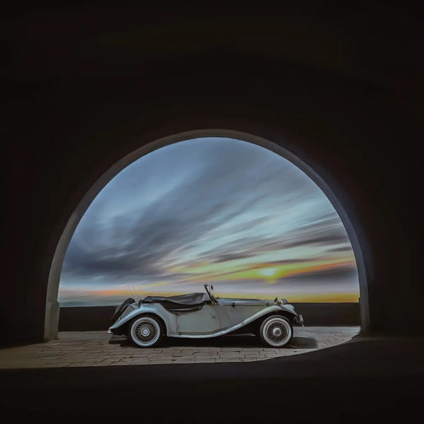 Ievgeniia Bidiuk: Retro Car Under The Arch by Ievgeniia Bidiuk